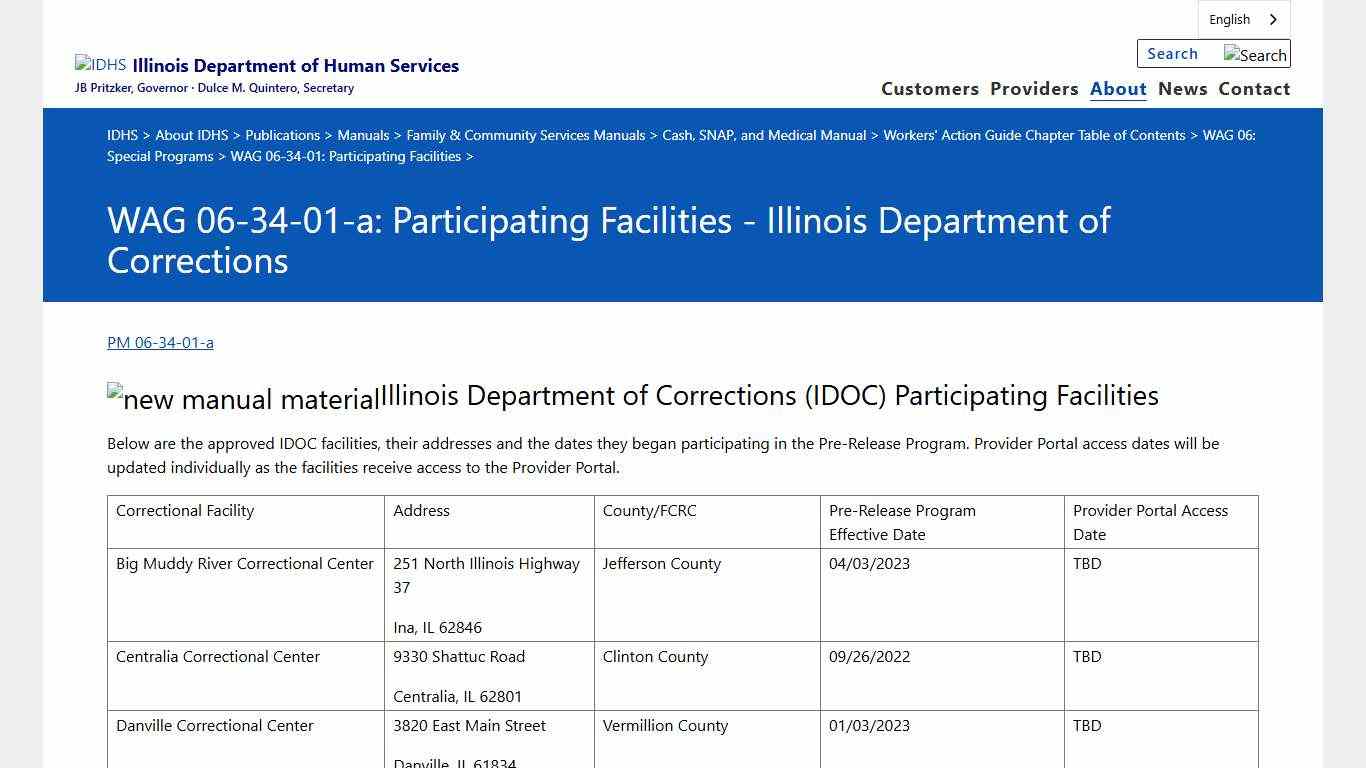 IDHS: WAG 06-34-01-a: Participating Facilities - Illinois Department of Corrections